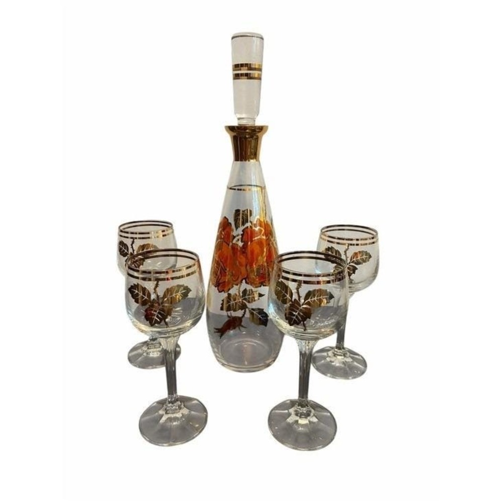 Mid Century Gold Rimmed Floral Glass Decanter and 4 Wine Glasses Set Vintage